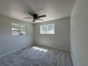 Carpeted spare room with a textured ceiling, ceiling fan, and a healthy amount of sunlight