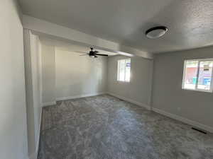 Carpeted spare room featuring ceiling fan, a textured ceiling, and plenty of natural light