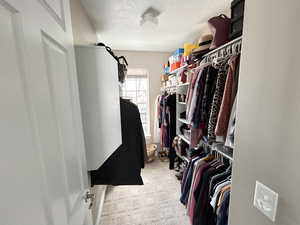 Spacious walk in master closet with light colored carpet