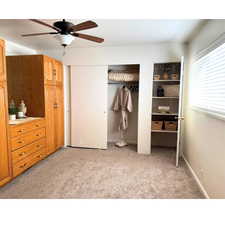 Built in closet & storage including wooden cabinets.