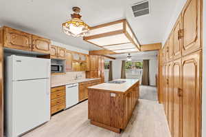 Kitchen with appliances. porcelain sink, a kitchen island, light wood-type flooring, and Stained glass ceiling light.