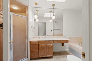 Full bathroom with a skylight, plus walk in shower, vanity, hardwood built in cabinets, & vintage pendant lighting