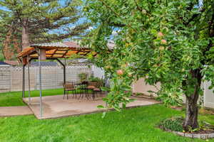 Beautiful yard and pear tree featuring covered outdoor living space