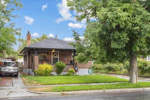 Front yard view with large shade tree