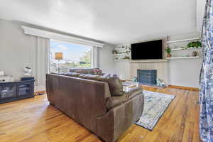 Upstairs Family Room with has fireplace