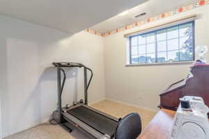 Workout room with light carpet