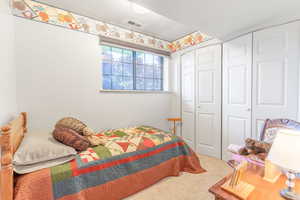 Carpeted bedroom featuring a closet