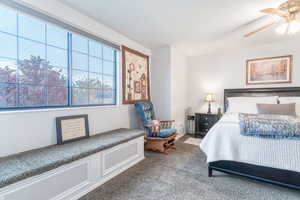 Bedroom with ceiling fan and carpet flooring