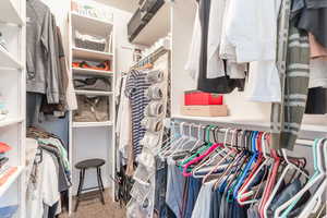 Walk in closet featuring carpet flooring