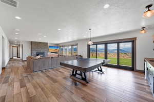 Recreation room with wood-type flooring, a large fireplace, and a wealth of natural light