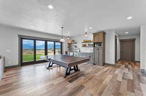 Game room featuring light wood-type flooring, sink, and a textured ceiling