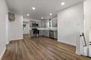 Kitchen featuring gray cabinets, appliances with stainless steel finishes, sink, electric panel, and dark hardwood / wood-style floors