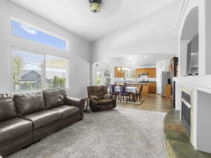 Living room featuring carpeted floors, ceiling fan with notable chandelier, plenty of natural light, and a slate tiled fireplace.