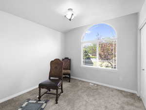 Bedroom #1 featuring light green colored walls and carpeted floor.