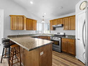 Kitchen with lofted ceiling, hanging light fixtures, appliances with stainless steel finishes, sink, and light colored LVP Flooring.