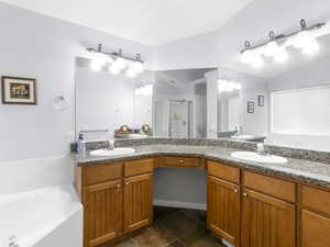 Master bathroom featuring slate tile patterned floors, double vanity, and independent shower and bath.