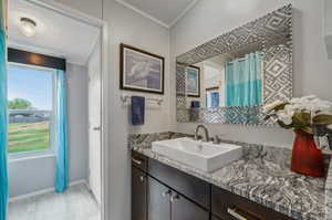 Bathroom featuring vanity, a textured ceiling, and hardwood / wood-style floors