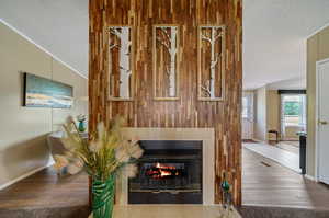 Details featuring wood-type flooring, wood walls, and a textured ceiling