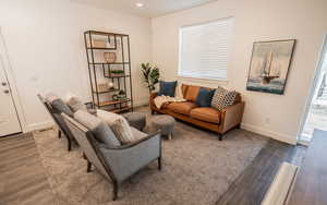 Living room with plenty of natural light and dark wood-type flooring