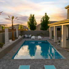 Pool at dusk with a patio