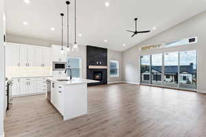 Kitchen featuring decorative backsplash, a kitchen island with sink, light wood-type flooring, stainless steel microwave, and a fireplace