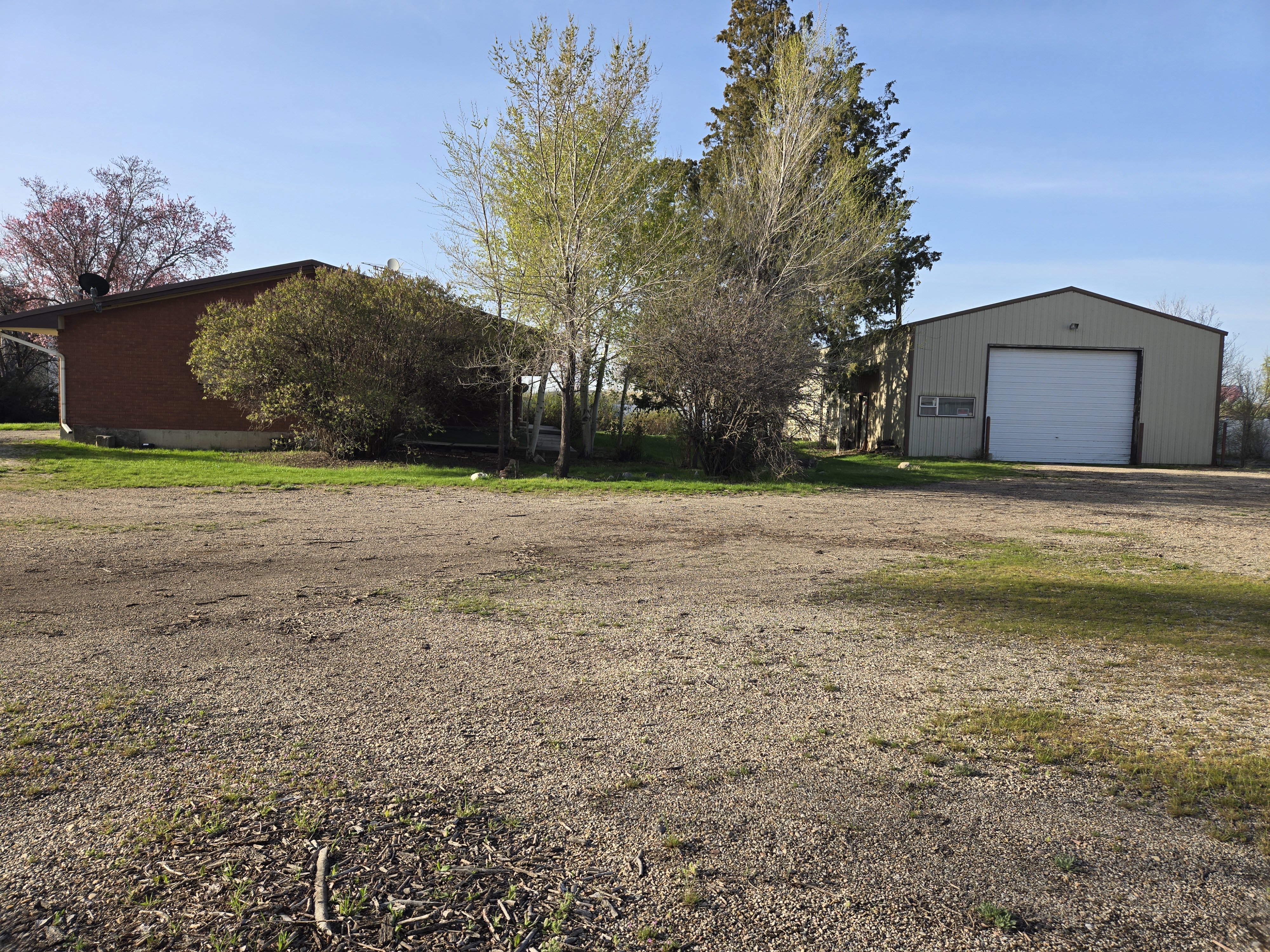View of yard featuring a garage, driveway, and an outbuilding