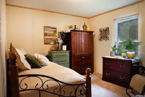 Carpeted bedroom featuring ornamental molding