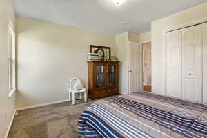 Bedroom featuring carpet and a closet