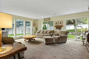 Carpeted living room featuring a textured ceiling