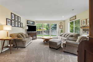 Carpeted living room featuring a wealth of natural light