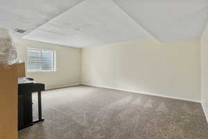 Unfurnished room featuring a textured ceiling and carpet