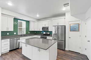 Kitchen featuring appliances with stainless steel finishes, sink, white cabinets, dark hardwood / wood-style floors, and a kitchen island