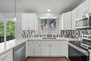 Kitchen featuring dark hardwood / wood-style floors, decorative backsplash, appliances with stainless steel finishes, white cabinets, and sink