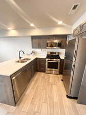 Quartz countertops, stainless steel appliances, soft close cabinetry, large pantry