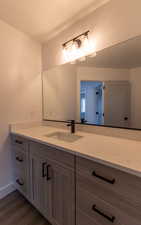 Bathroom featuring vanity and wood-type flooring