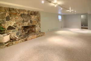 Basement featuring track lighting, a stone fireplace, and carpet