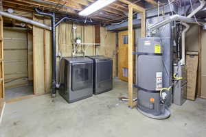 Basement with separate washer and dryer and strapped water heater