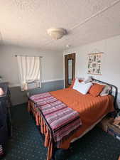 Bedroom featuring carpet floors and a textured ceiling