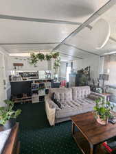 Living room with carpet flooring and a textured ceiling