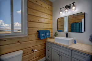 Bathroom featuring vanity and wooden walls