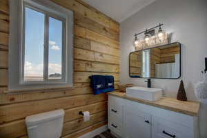 Bathroom featuring wooden walls and vanity