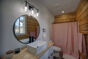 Bathroom with wood walls and vanity