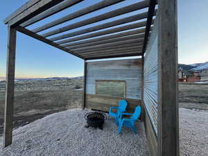View of patio / terrace featuring a mountain view