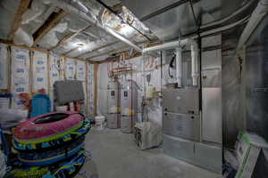 Utility room featuring strapped water heater and heating unit