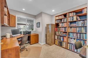 Office with light colored carpet