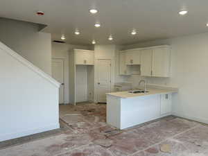 Kitchen featuring white cabinets, kitchen peninsula, and sink