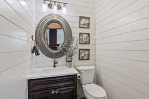 Bathroom with vanity, wood walls, and toilet