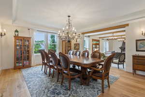 Dining area featuring a notable chandelier and light hardwood / wood-style floors