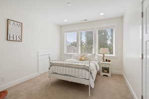 Bedroom with light carpet