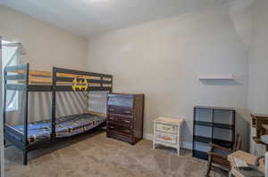 Bedroom featuring a textured ceiling and carpet